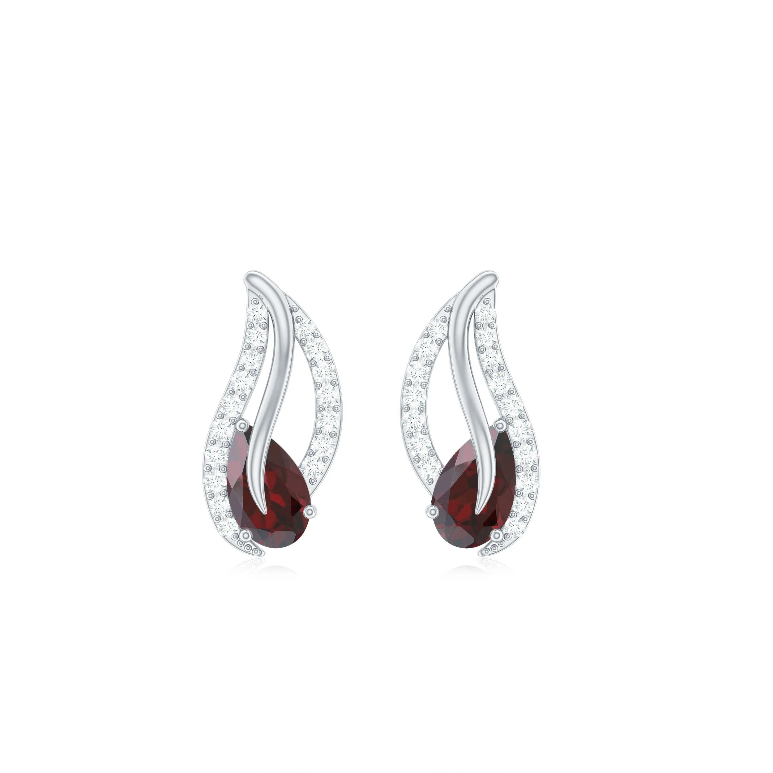 3/4 CT Pear Shape Garnet and Diamond Leaf Stud Earrings