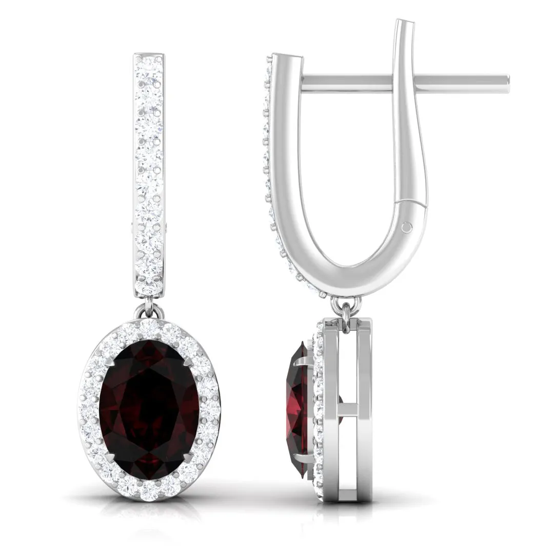 3.5 CT Oval Garnet and Diamond J Hoop Drop Earrings