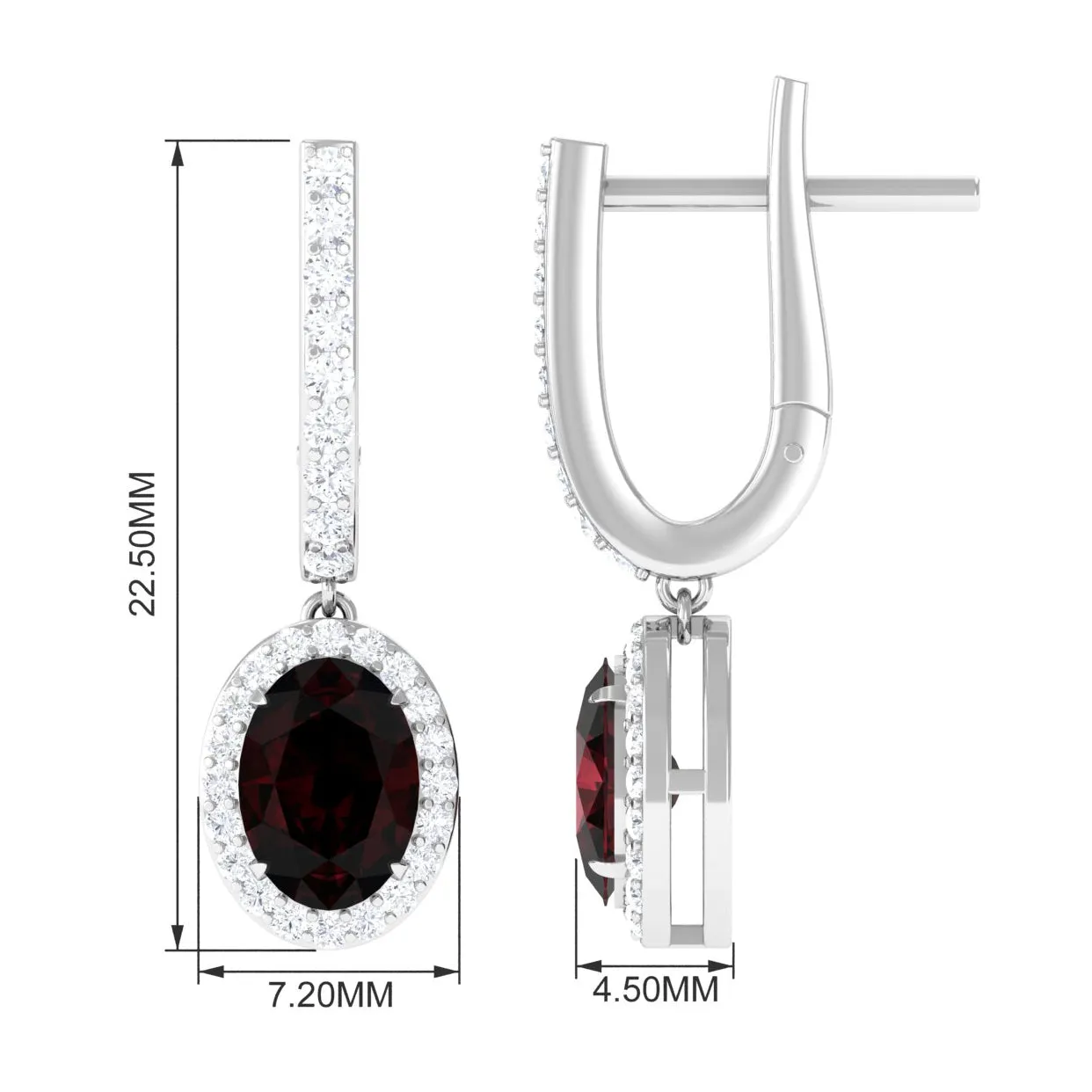 3.5 CT Oval Garnet and Diamond J Hoop Drop Earrings