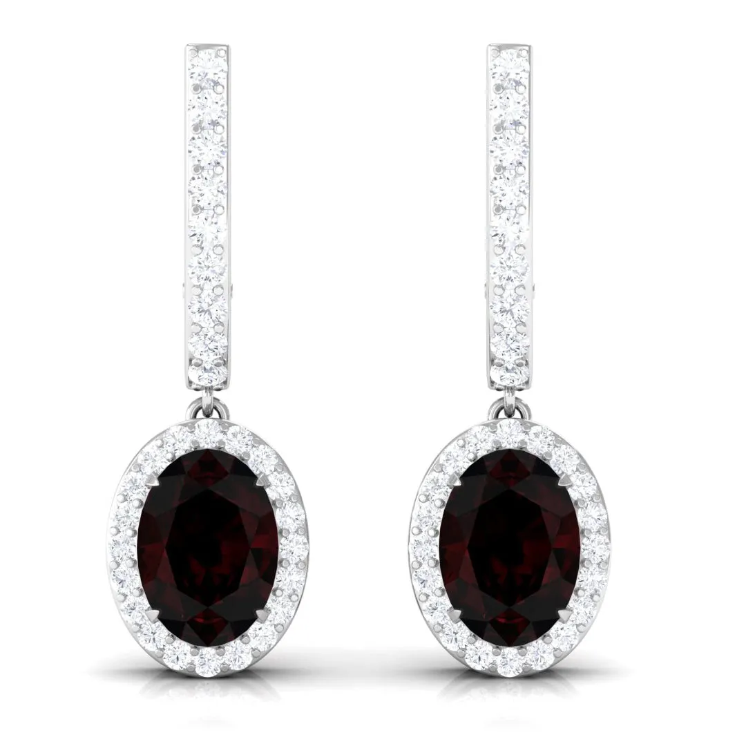 3.5 CT Oval Garnet and Diamond J Hoop Drop Earrings