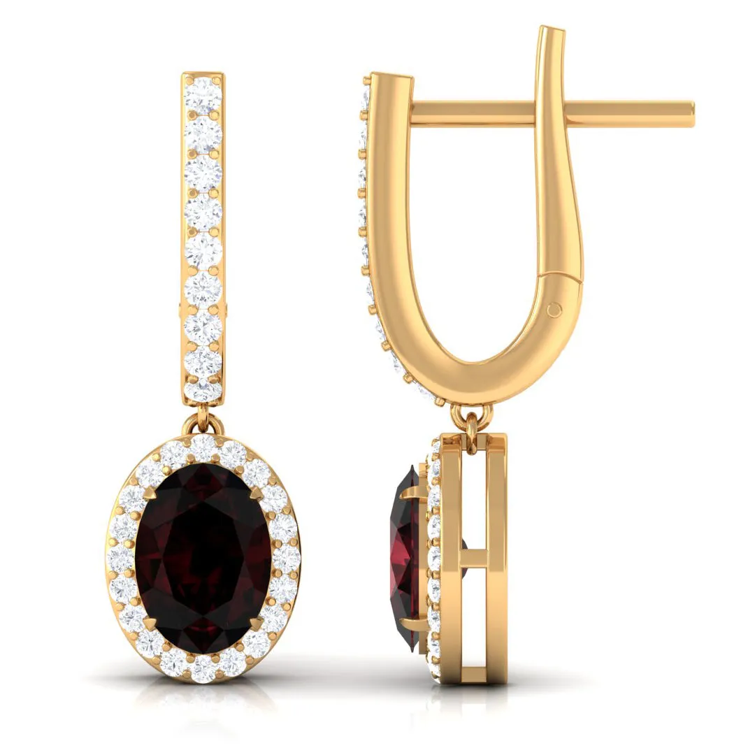 3.5 CT Oval Garnet and Diamond J Hoop Drop Earrings