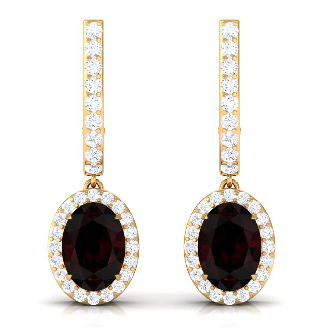 3.5 CT Oval Garnet and Diamond J Hoop Drop Earrings