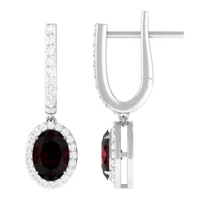 3.5 CT Oval Garnet and Diamond J Hoop Drop Earrings