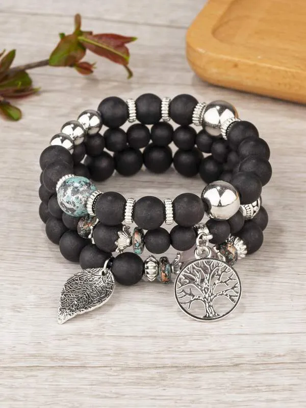 3pcs/set Tree Detail Round Charm Beaded Bracelet