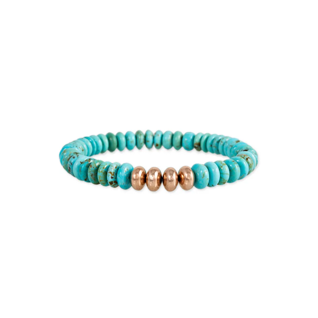 4 GOLD BEADS   TURQUOISE BEADED STRETCH BRACELET