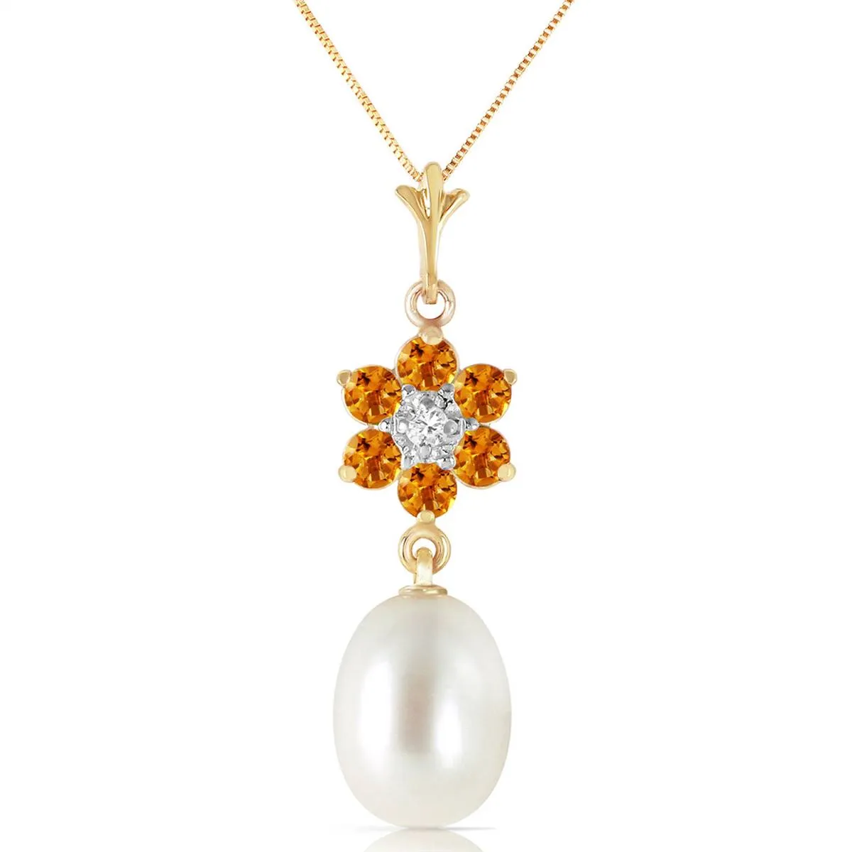 4.53 Carat 14K Solid Yellow Gold Necklace Natural Pearl, Citrine Diamond