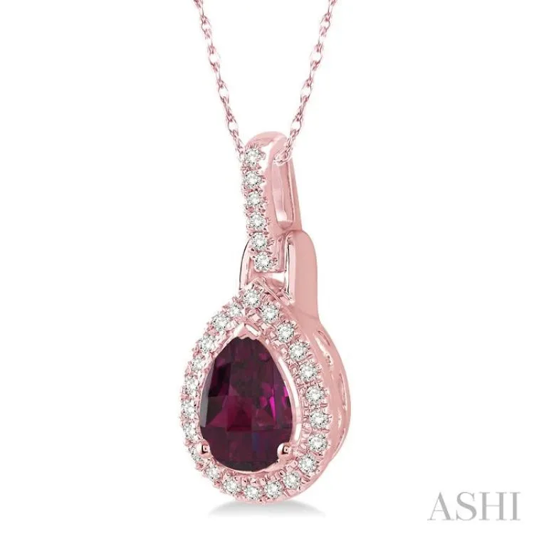 7x5 MM Pear Shape Rhodolite Garnet and 1/10 Ctw Round Cut Diamond Pendant in 10K Rose Gold with Chain