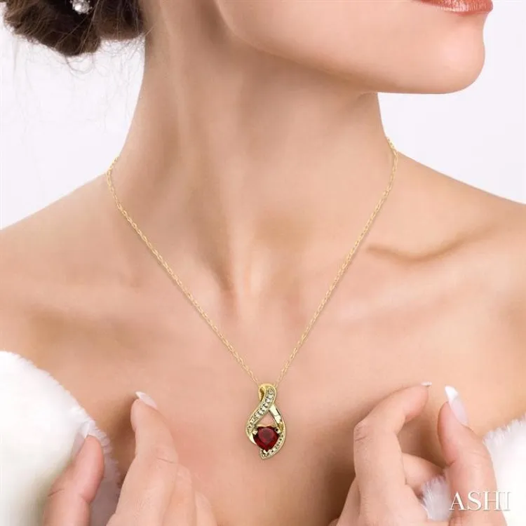 7X7mm Heart Shape Garnet and 1/20 Ctw Single Cut Diamond Pendant in 10K Yellow Gold with Chain