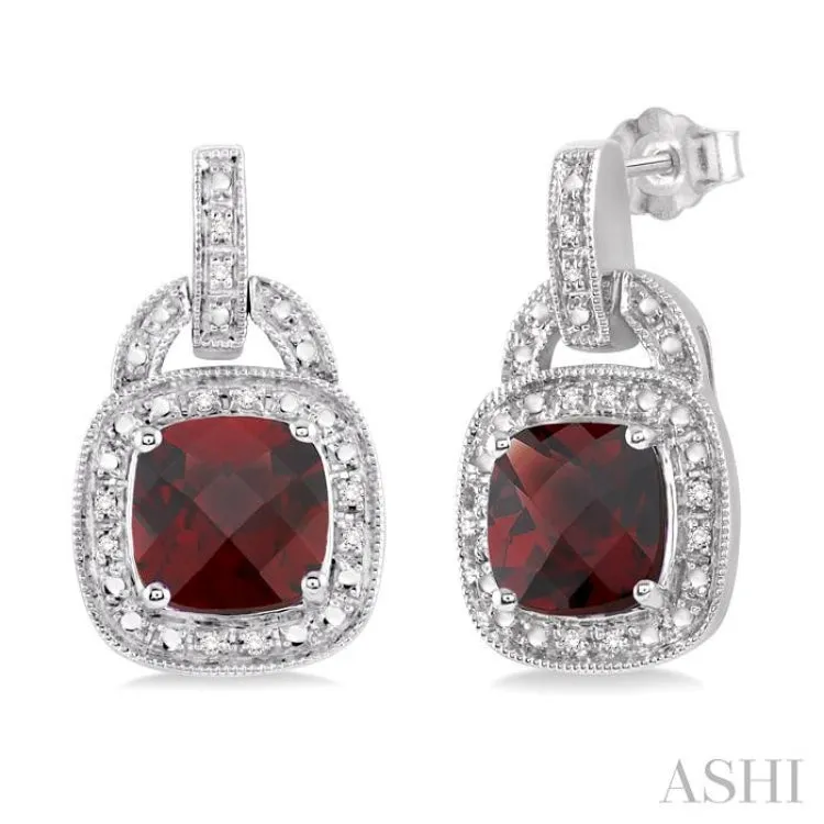 8x8 MM Cushion Shape Garnet and 1/10 Ctw Single Cut Diamond Earrings in Sterling Silver