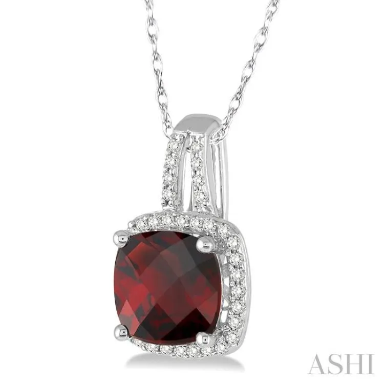 8x8 MM Cushion Shape Garnet and 1/5 Ctw Round Cut Diamond Pendant in 10K White Gold with Chain