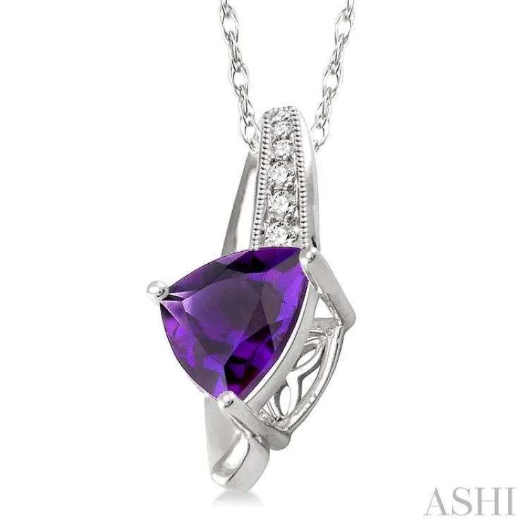 8x8mm Trillion Cut Amethyst and 1/20 Ctw Single Cut Diamond Pendant in 10K White Gold with Chain