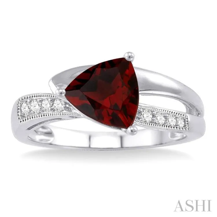 8x8mm Trillion Cut Garnet and 1/20 Ctw Single Cut Diamond Ring in 10K White Gold