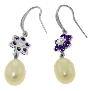 9.01 Carat 14K Solid White Gold Fish Hook Earrings Diamond, Amethyst Pearl