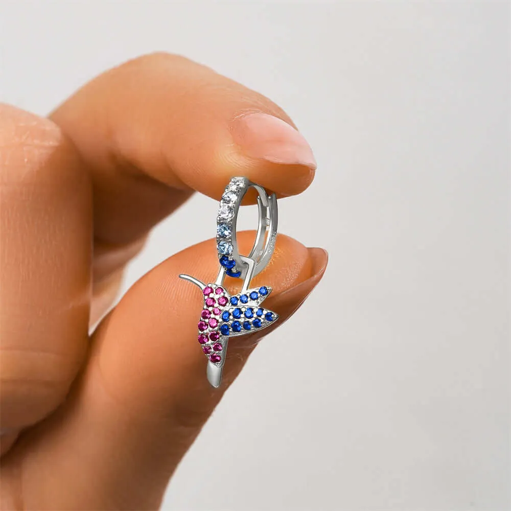 925 Silver Pink Blue Hummingbird Sparkling Drop Huggie Earrings CZ Diamond