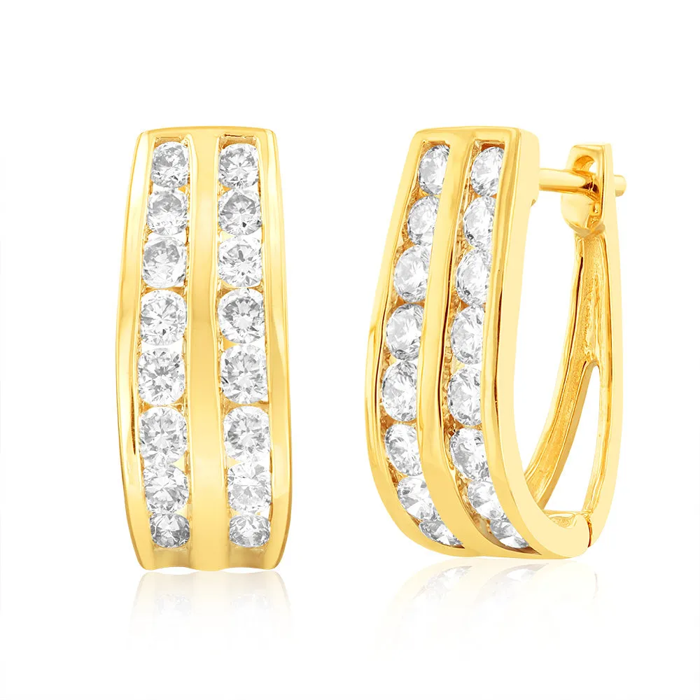 9ct Yellow Gold 1 Carat Diamond 2 Row Hoop Earrings