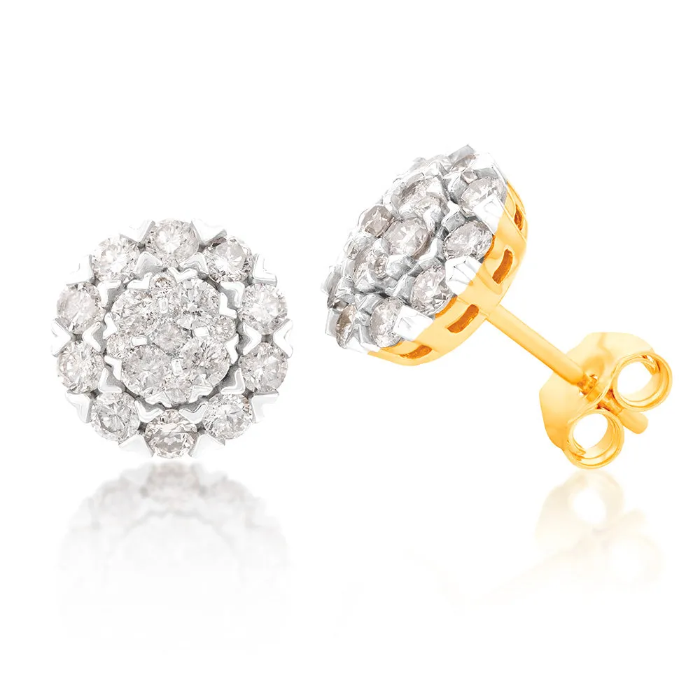 9ct Yellow Gold 1 Carat Diamond Stud Earrings  with 38 Diamonds