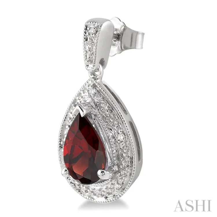 9x6 MM Pear Shape Garnet and 1/20 Ctw Single Cut Diamond Earrings in Sterling Silver