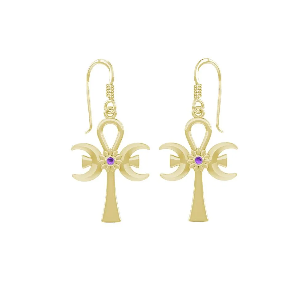 A breath of life ~ Solid Yellow Gold Triple Goddess Ankh Hook Earrings with Gemstone GER1708