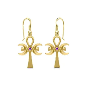 A breath of life ~ Solid Yellow Gold Triple Goddess Ankh Hook Earrings with Gemstone GER1708