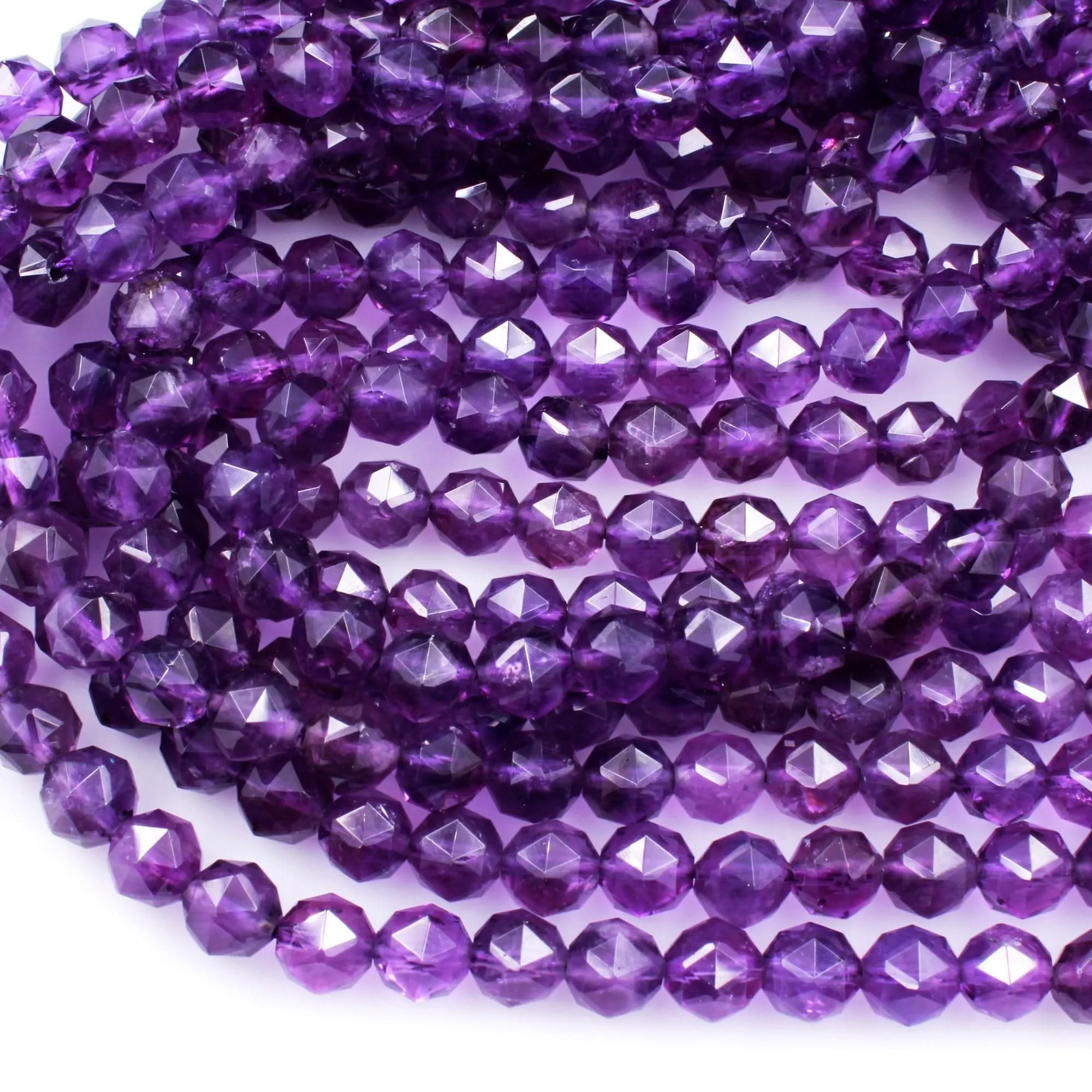 AA Gem Quality Geometric Cut Diamond Star Cut Genuine 100% Natural Amethyst Faceted 8mm Round Beads Nugget Purple Gemstone 16" Strand