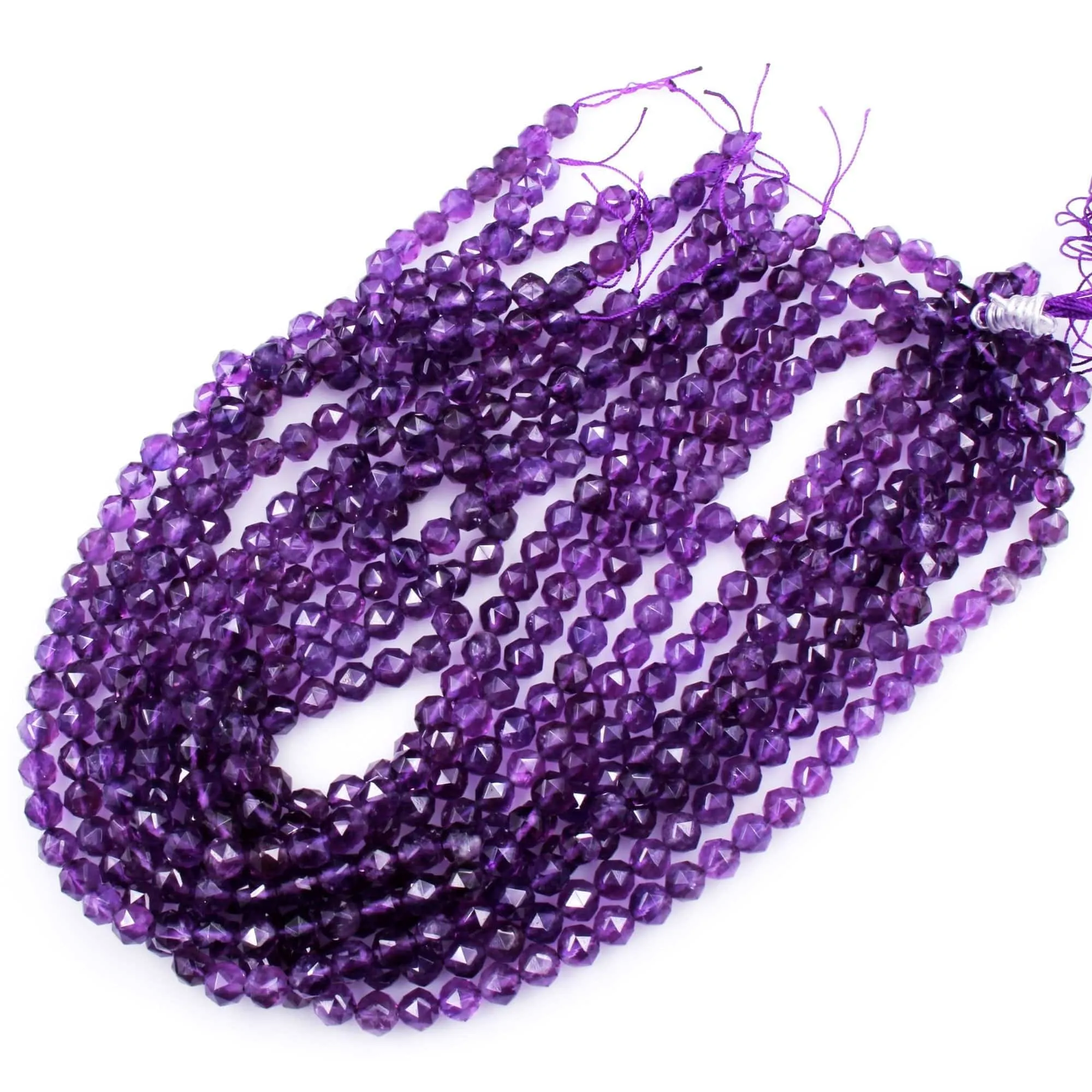 AA Gem Quality Geometric Cut Diamond Star Cut Genuine 100% Natural Amethyst Faceted 8mm Round Beads Nugget Purple Gemstone 16" Strand