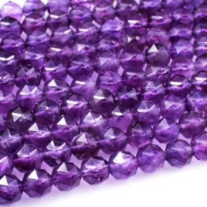 AA Gem Quality Geometric Cut Diamond Star Cut Genuine 100% Natural Amethyst Faceted 8mm Round Beads Nugget Purple Gemstone 16" Strand