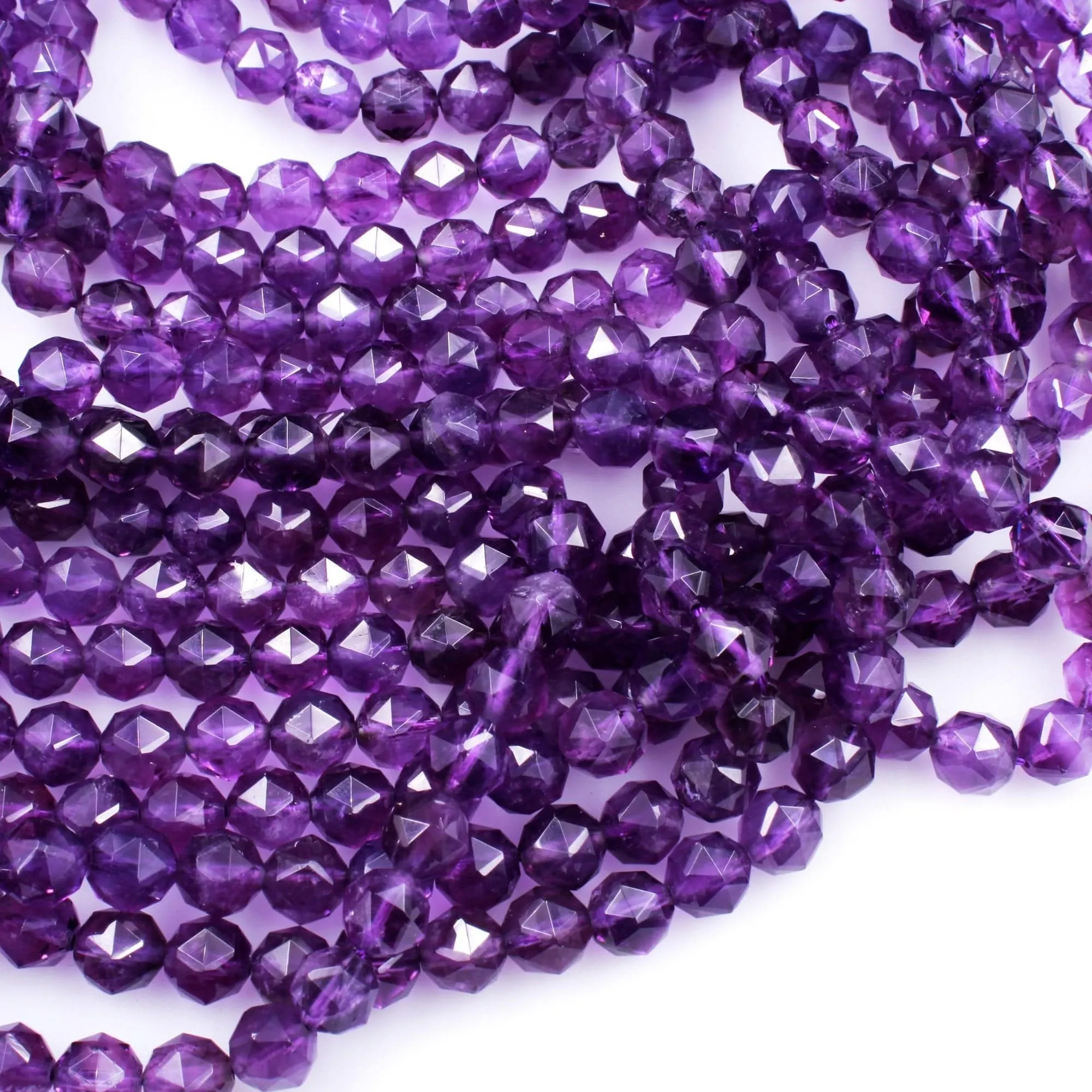 AA Gem Quality Geometric Cut Diamond Star Cut Genuine 100% Natural Amethyst Faceted 8mm Round Beads Nugget Purple Gemstone 16" Strand