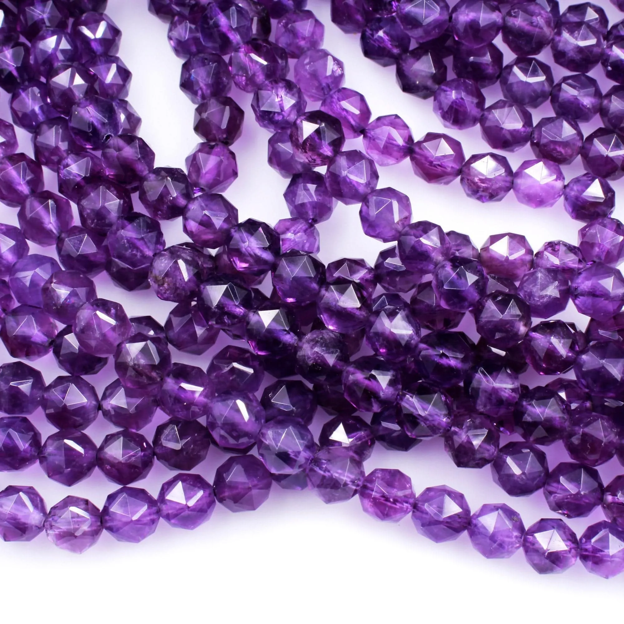 AA Gem Quality Geometric Cut Diamond Star Cut Genuine 100% Natural Amethyst Faceted 8mm Round Beads Nugget Purple Gemstone 16" Strand