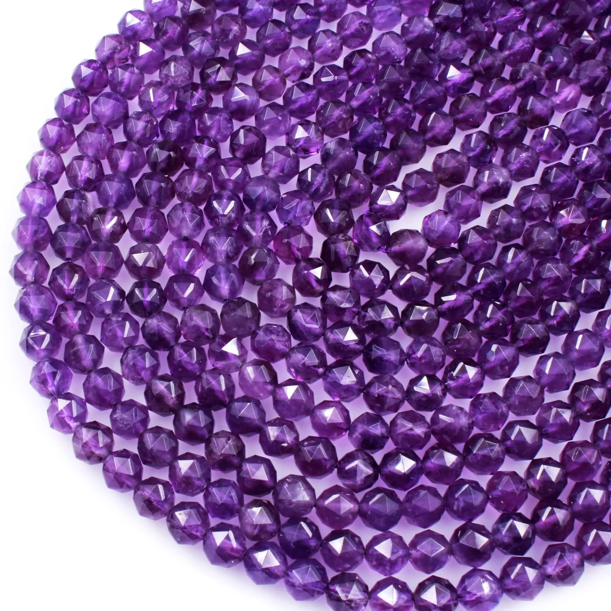 AA Gem Quality Geometric Cut Diamond Star Cut Genuine 100% Natural Amethyst Faceted 8mm Round Beads Nugget Purple Gemstone 16" Strand