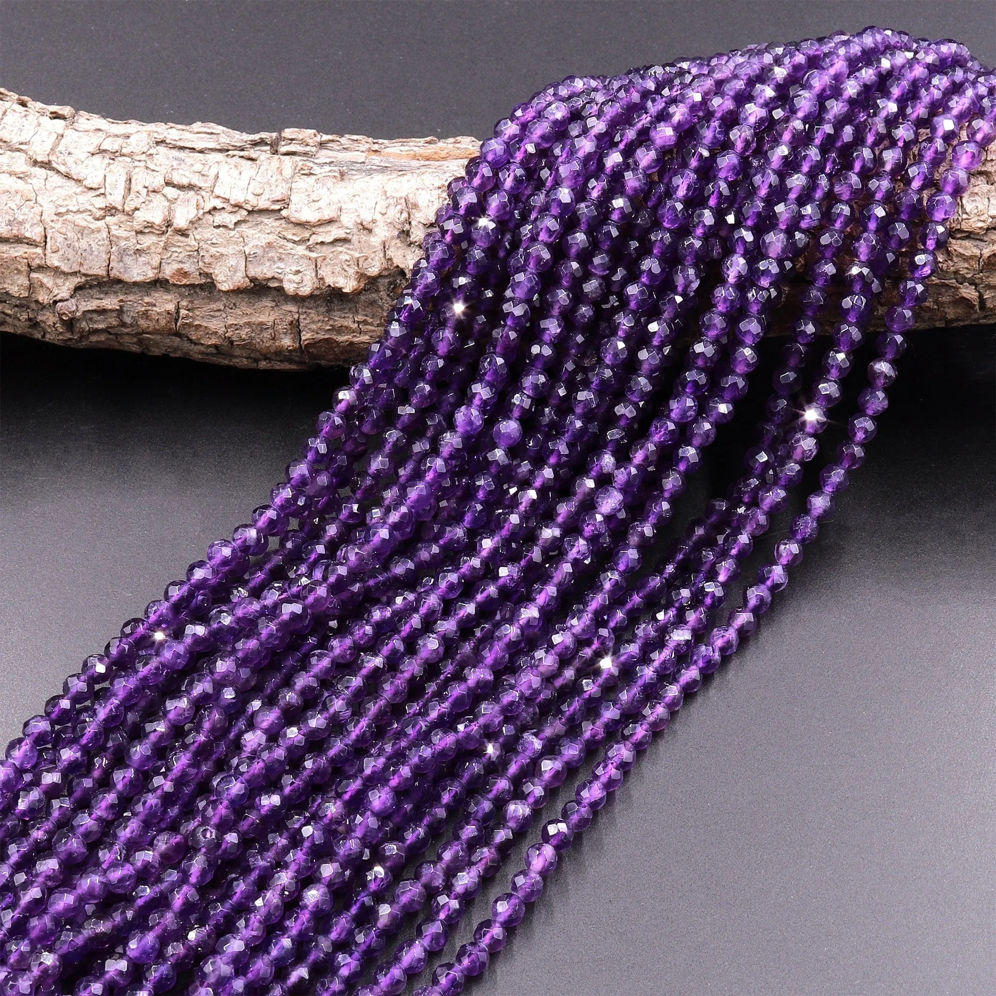 AAA Faceted Natural Amethyst 3mm 4mm Round Beads Micro Faceted Genuine Purple Amethyst Gemstone 15.5" Strand