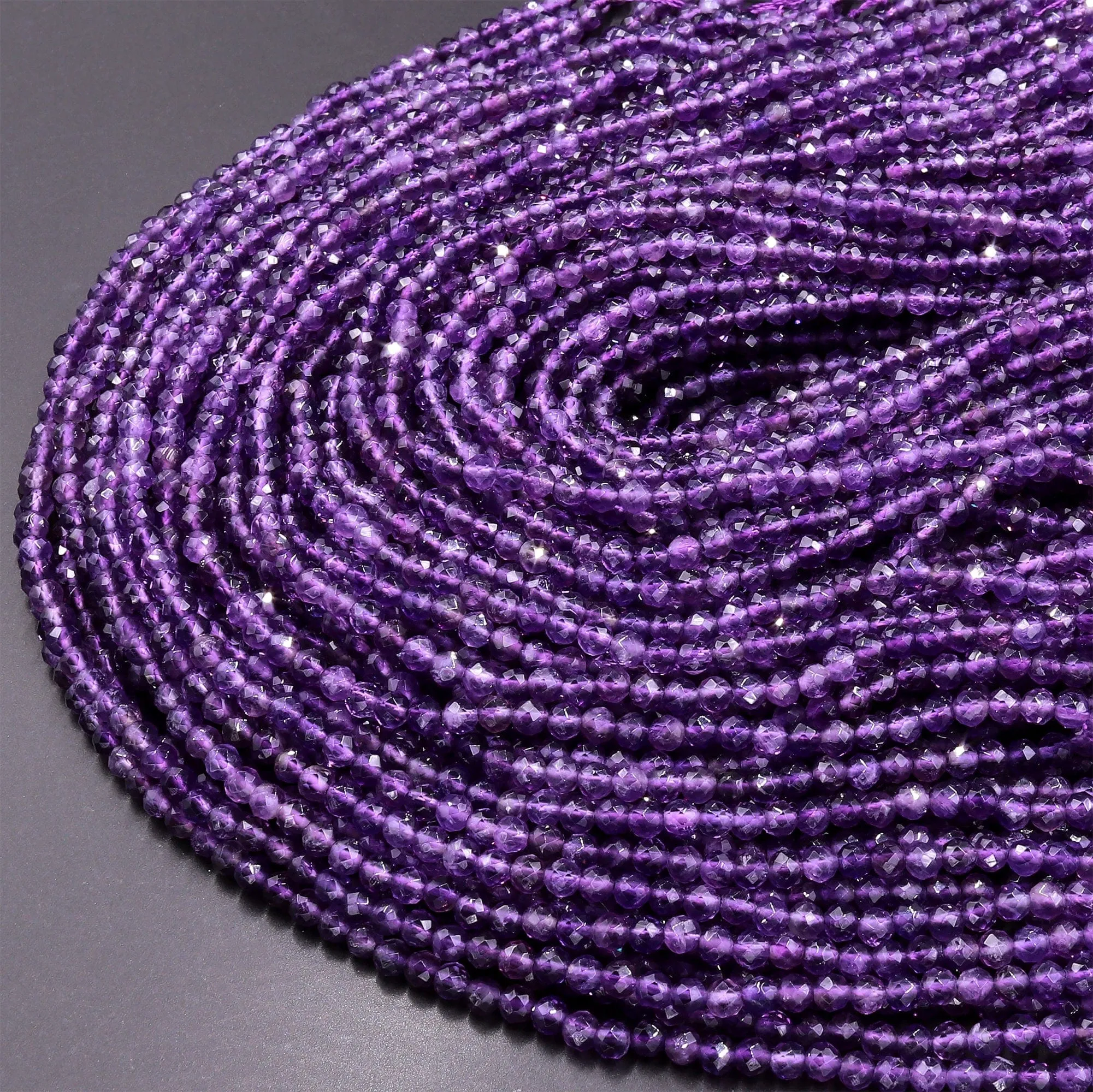 AAA Faceted Natural Amethyst 3mm 4mm Round Beads Micro Faceted Genuine Purple Amethyst Gemstone 15.5" Strand