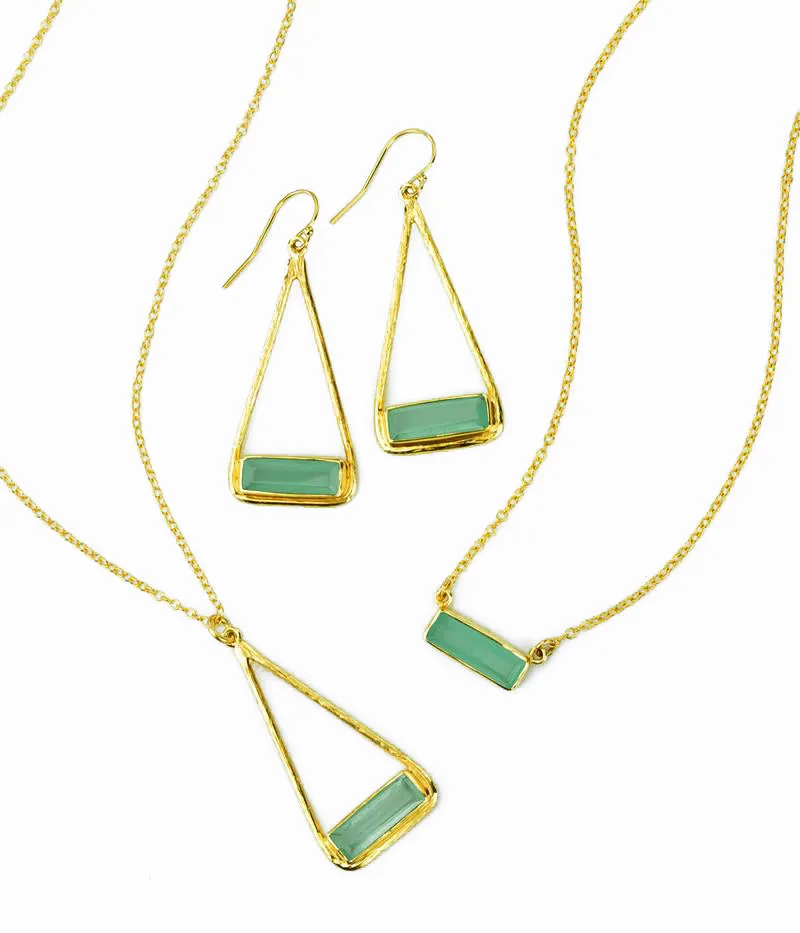 Adira Series: Aqua Chalcedony Triangle Bar Dangle Earrings