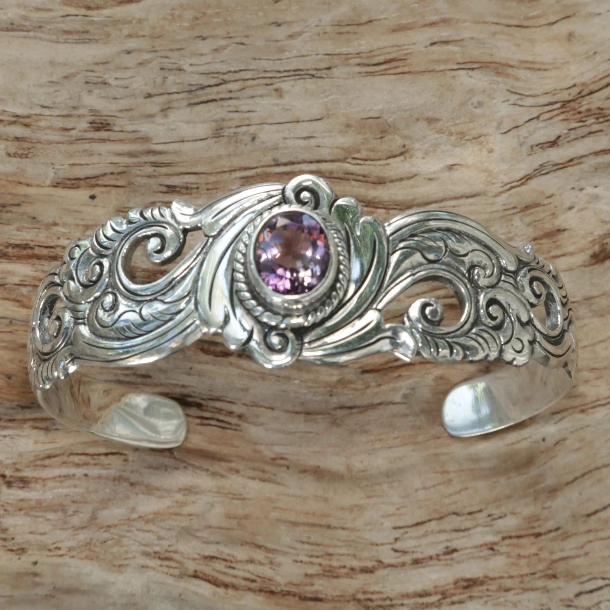 Amethyst & Silver Floral Paisley Cuff Bracelet