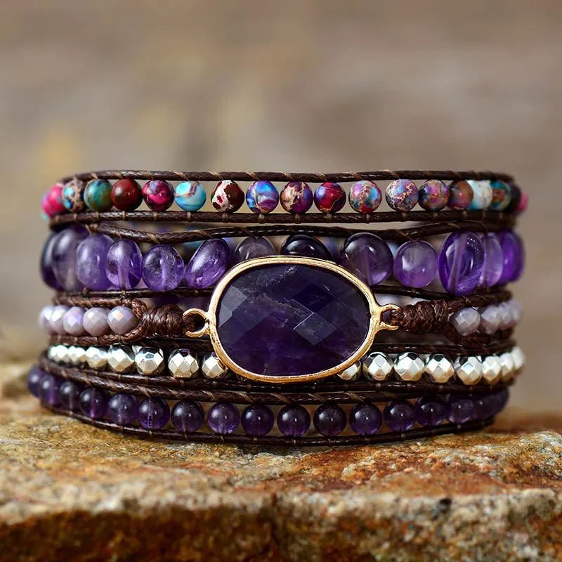 Amethyst Charm Jasper Wax Cord Wrap Bracelet