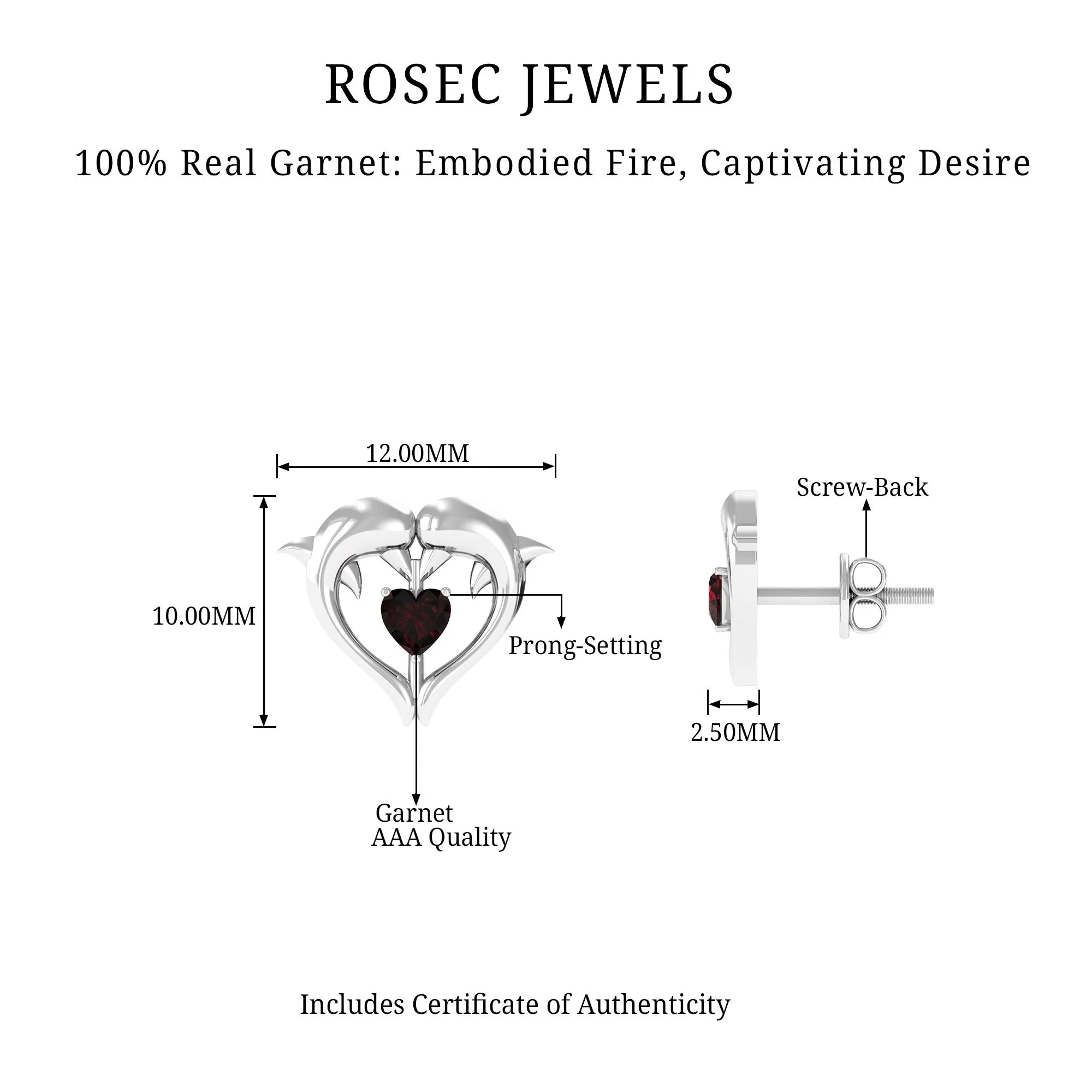 Animal Inspired Certified Garnet Heart Stud Earrings