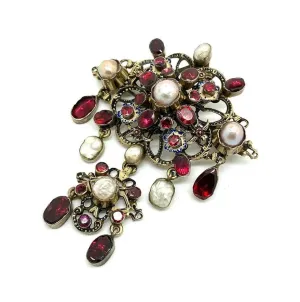 Antique 1900 Austro-Hungarian Garnet Baroque Pearl Brooch Necklace