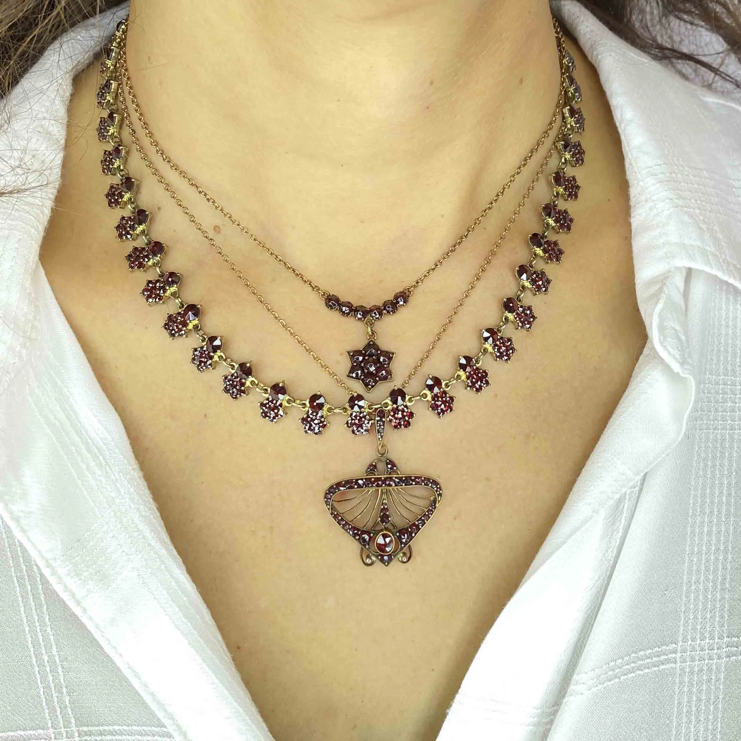 Antique Bohemian Garnet Fan Pendant Necklace