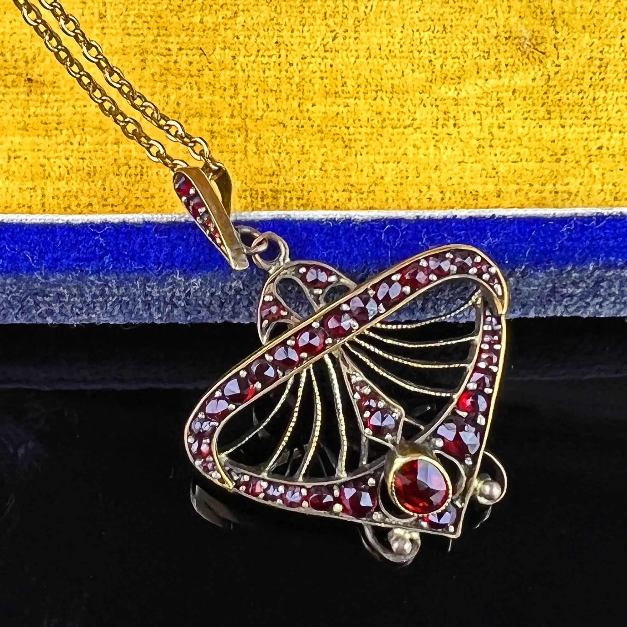 Antique Bohemian Garnet Fan Pendant Necklace