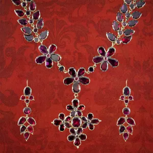 Antique Georgian Garnet Floral Collar Necklace And Earrings Suite With Box