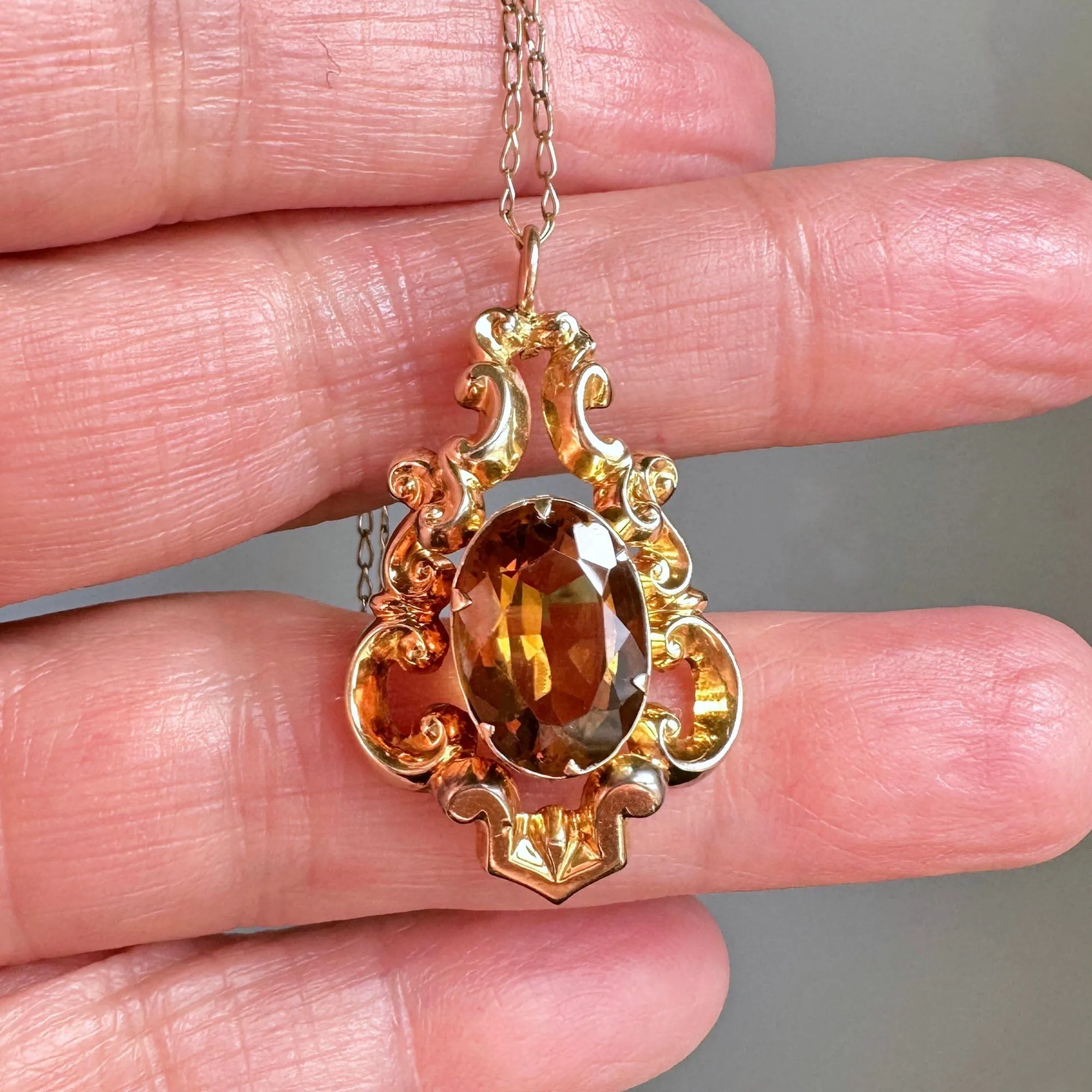 Antique Gold Rococo Citrine Pendant Necklace