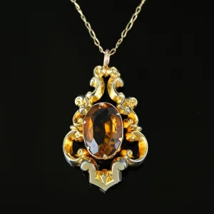 Antique Gold Rococo Citrine Pendant Necklace