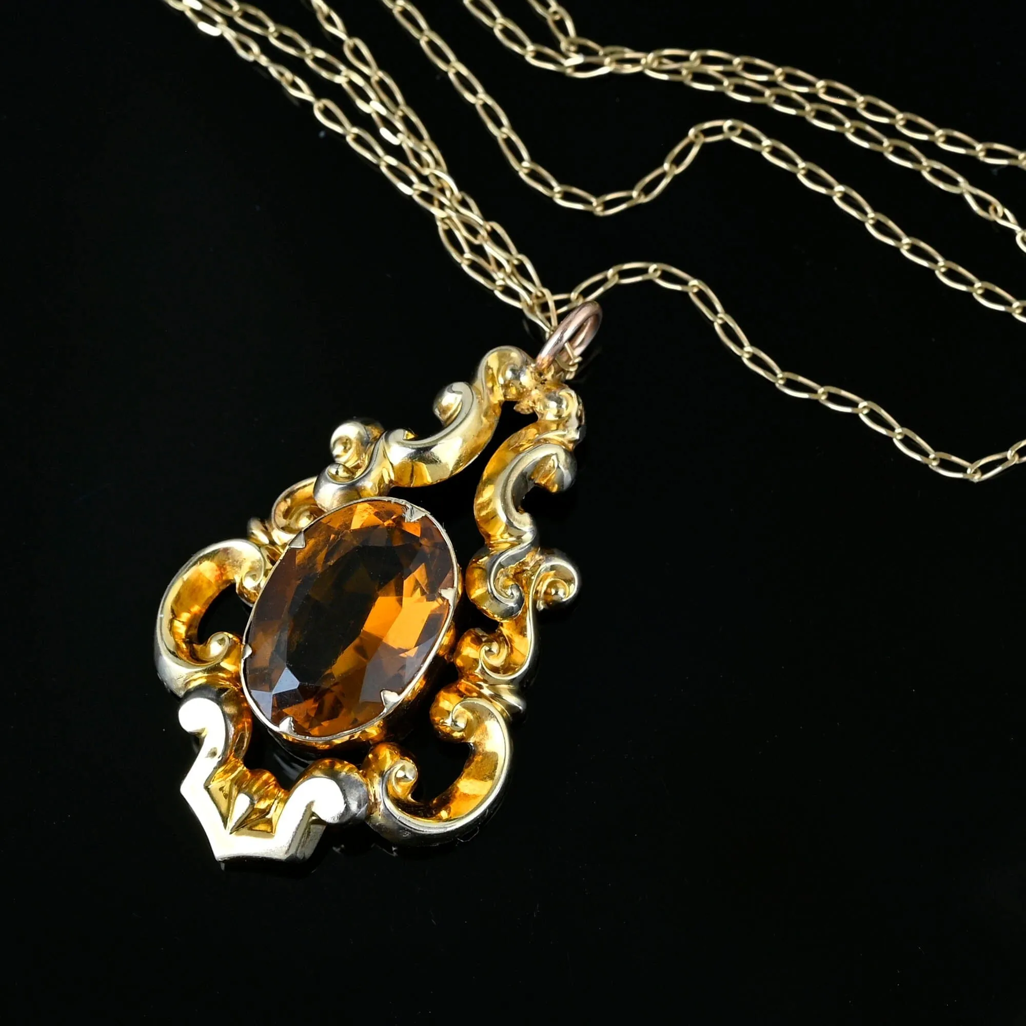 Antique Gold Rococo Citrine Pendant Necklace