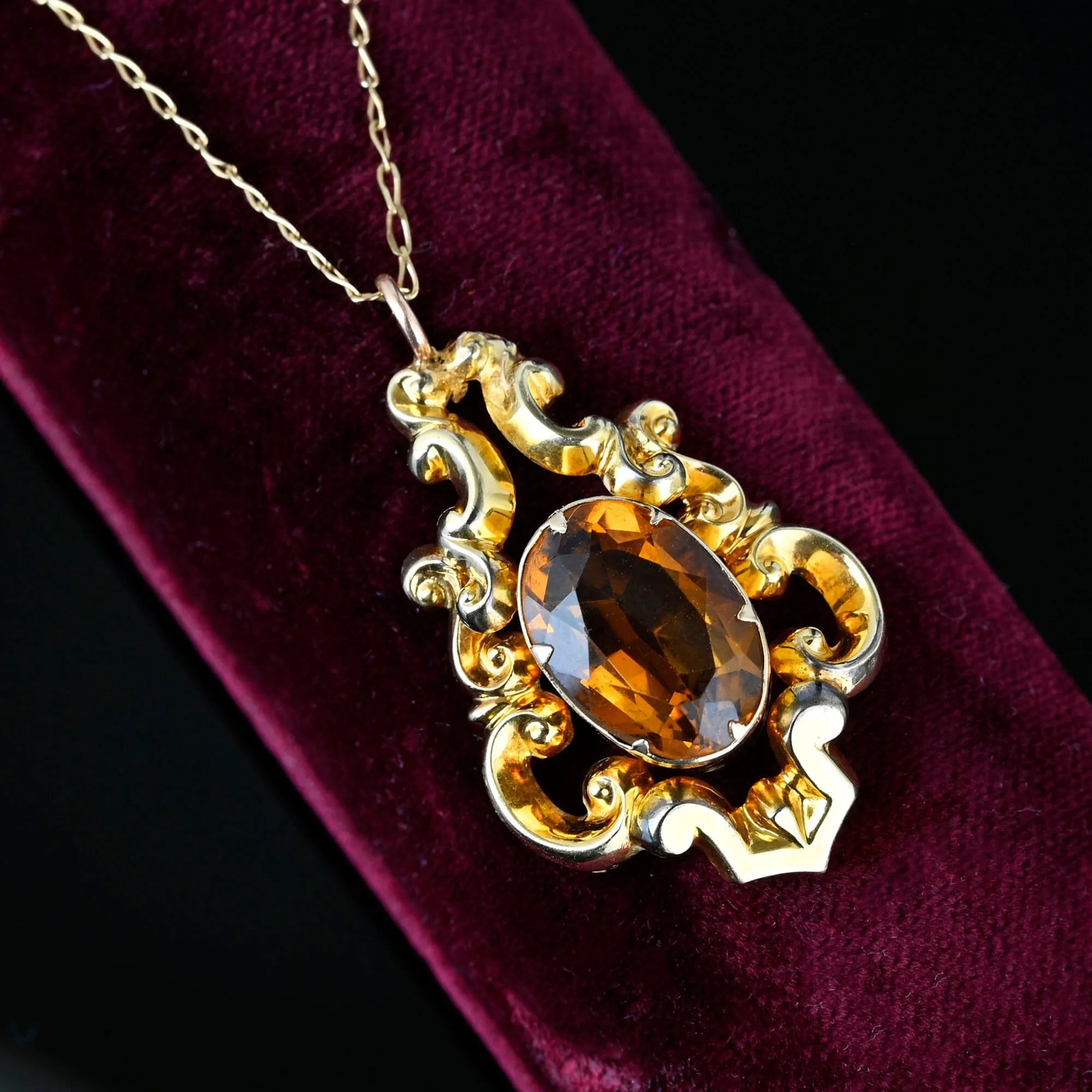 Antique Gold Rococo Citrine Pendant Necklace