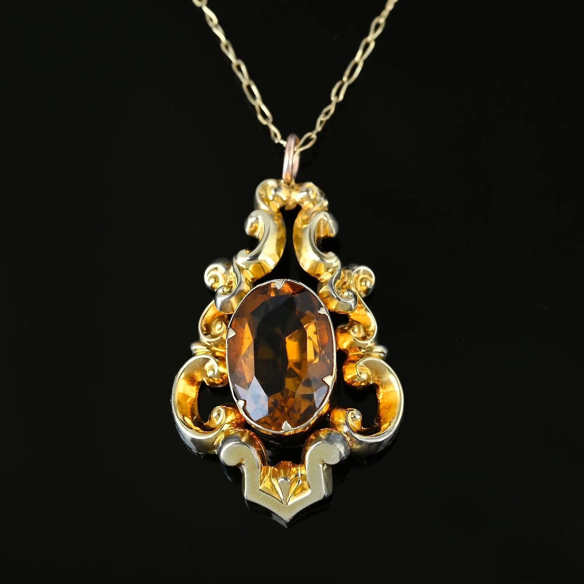 Antique Gold Rococo Citrine Pendant Necklace