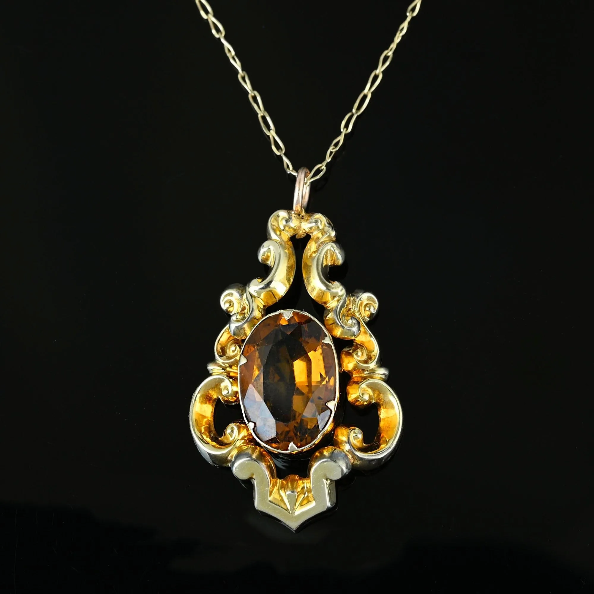 Antique Gold Rococo Citrine Pendant Necklace