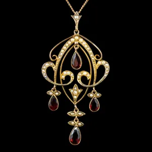 Antique Victorian Garnet Pearl Pendant Necklace 9Ct Gold Circa 1900