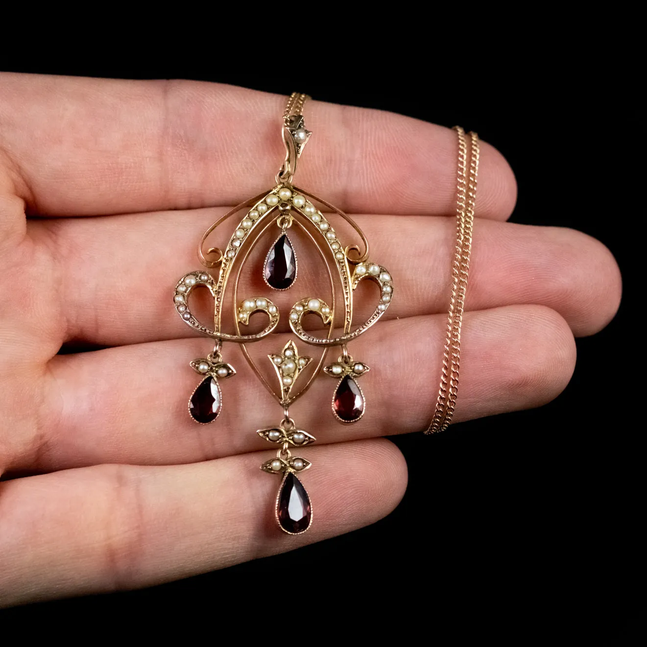 Antique Victorian Garnet Pearl Pendant Necklace 9Ct Gold Circa 1900