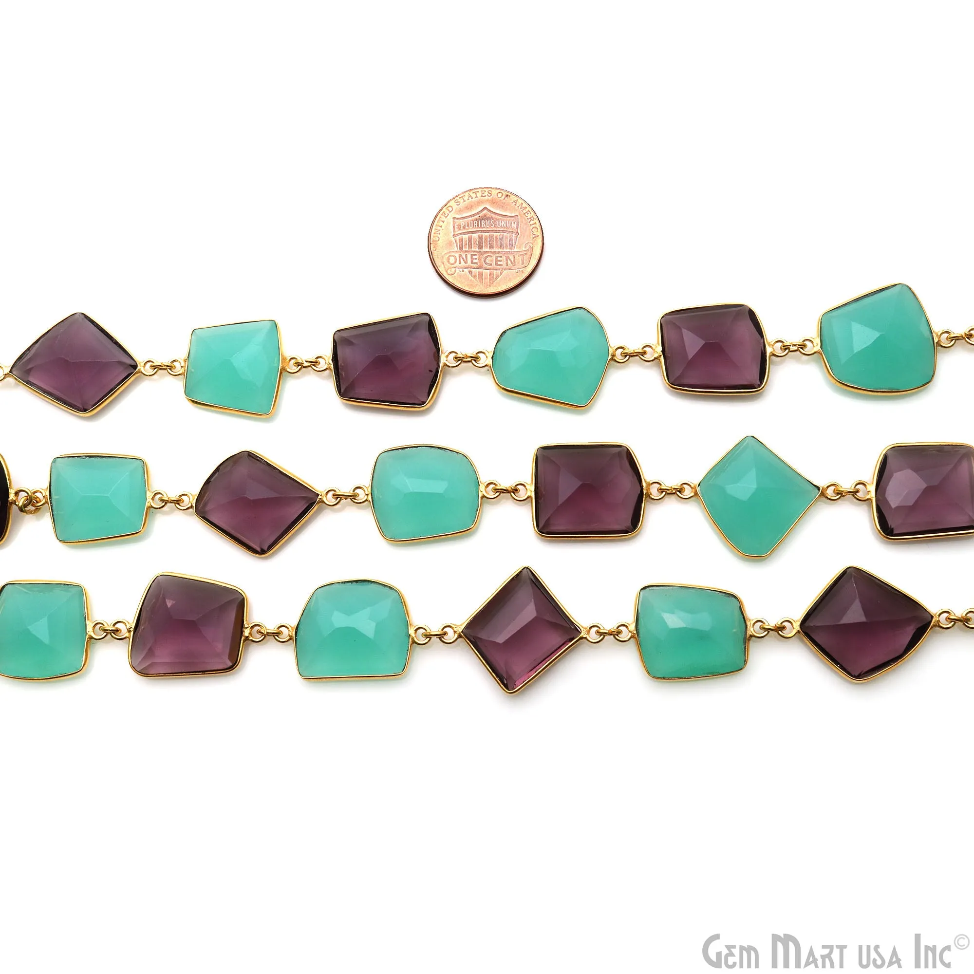 Aqua Chalcedony & Amethyst 10-15mm Faceted Free Form Gold Plated Connector Chain