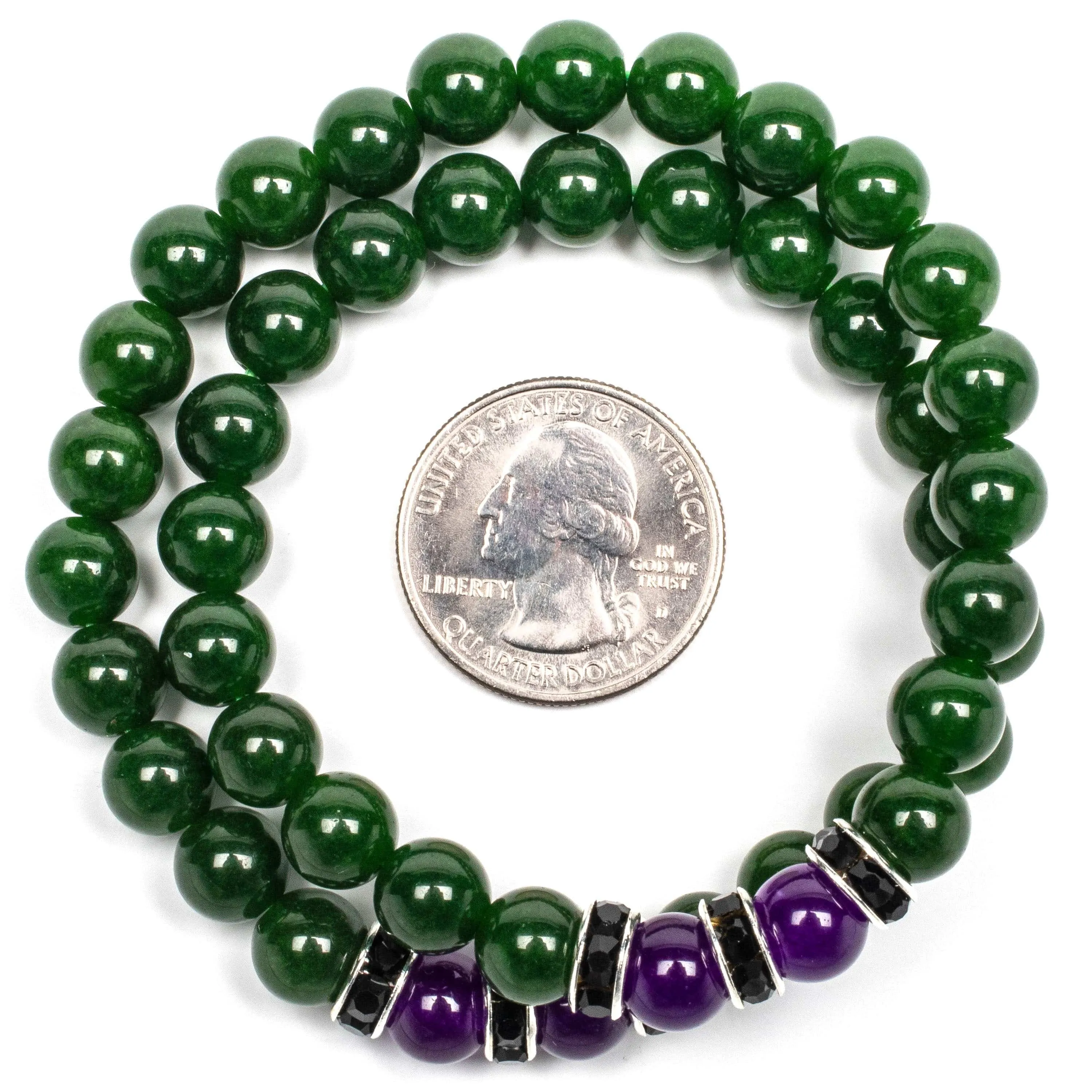 Aventurine  8mm Beads with Amethyst and Black and Silver Accent Beads Double Wrap Elastic Gemstone Bracelet