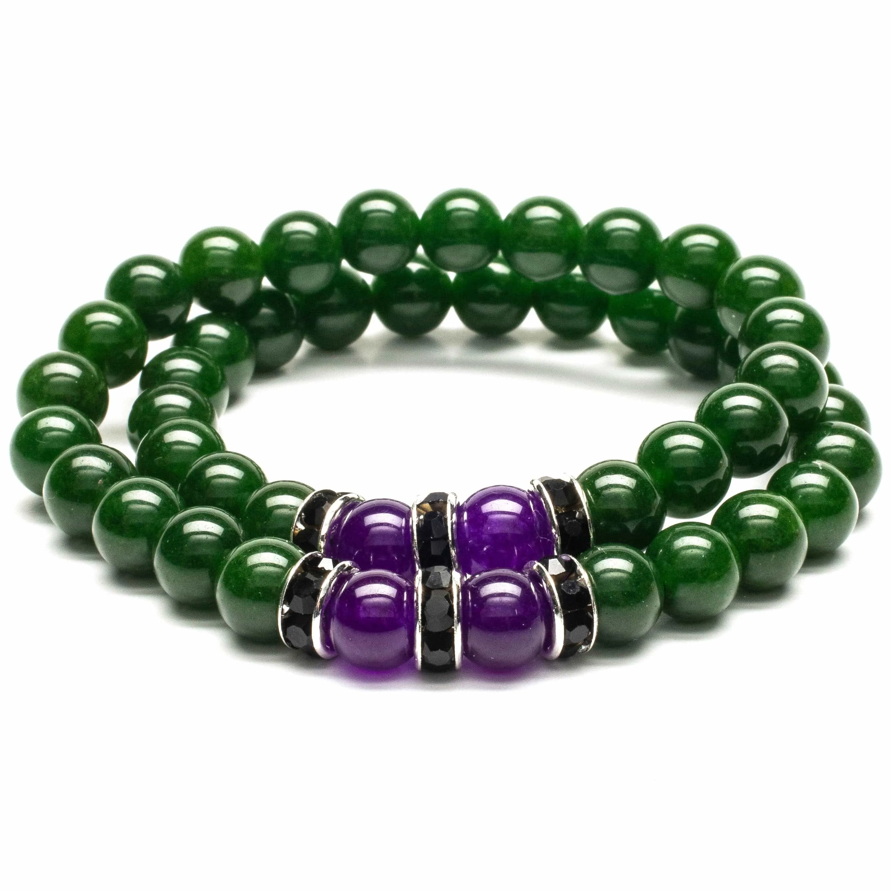 Aventurine  8mm Beads with Amethyst and Black and Silver Accent Beads Double Wrap Elastic Gemstone Bracelet